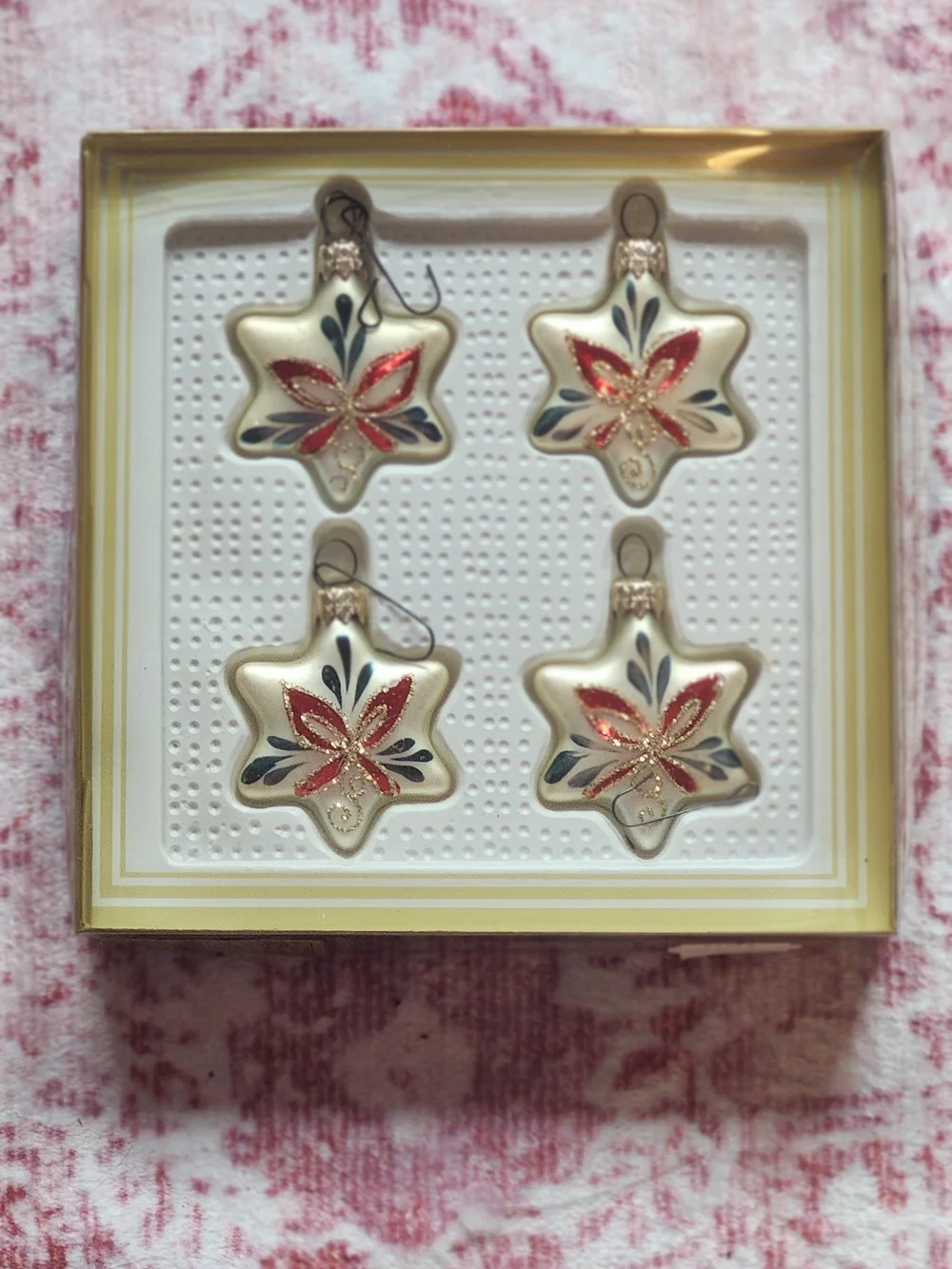 Vintage Kurt Adler Cream Star Glass Ornaments with Red and Green Floral Accents